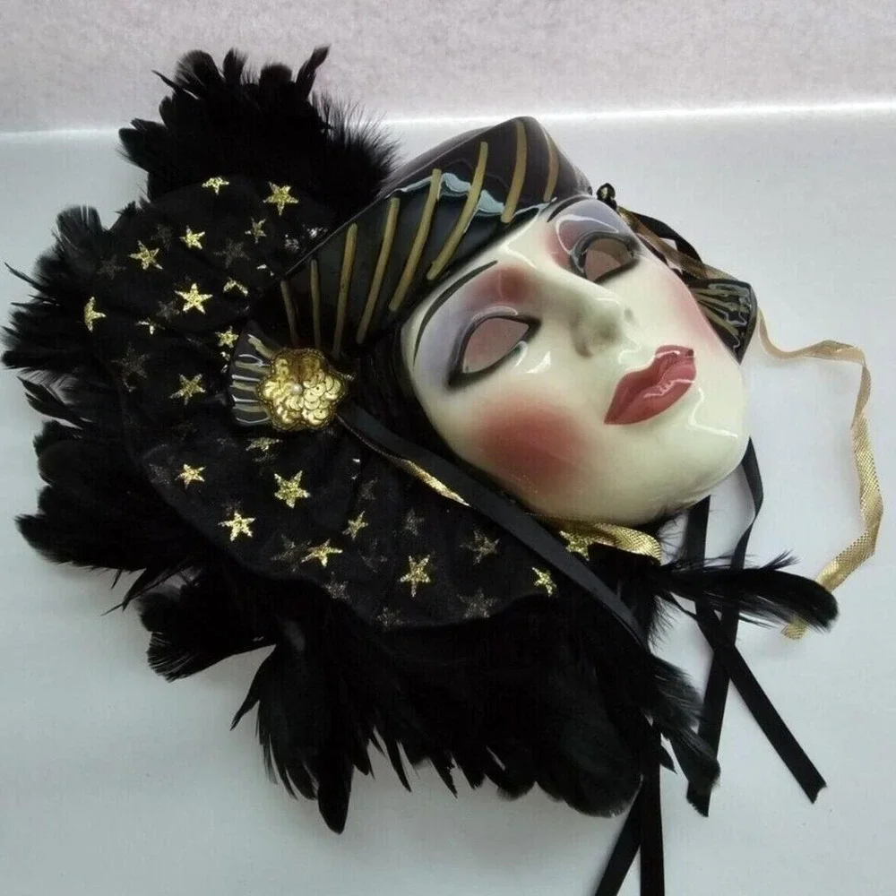 Vintage Ceramic Masquerade Wall Mask Black Gold Stars Feathers Art‎ Deco Style